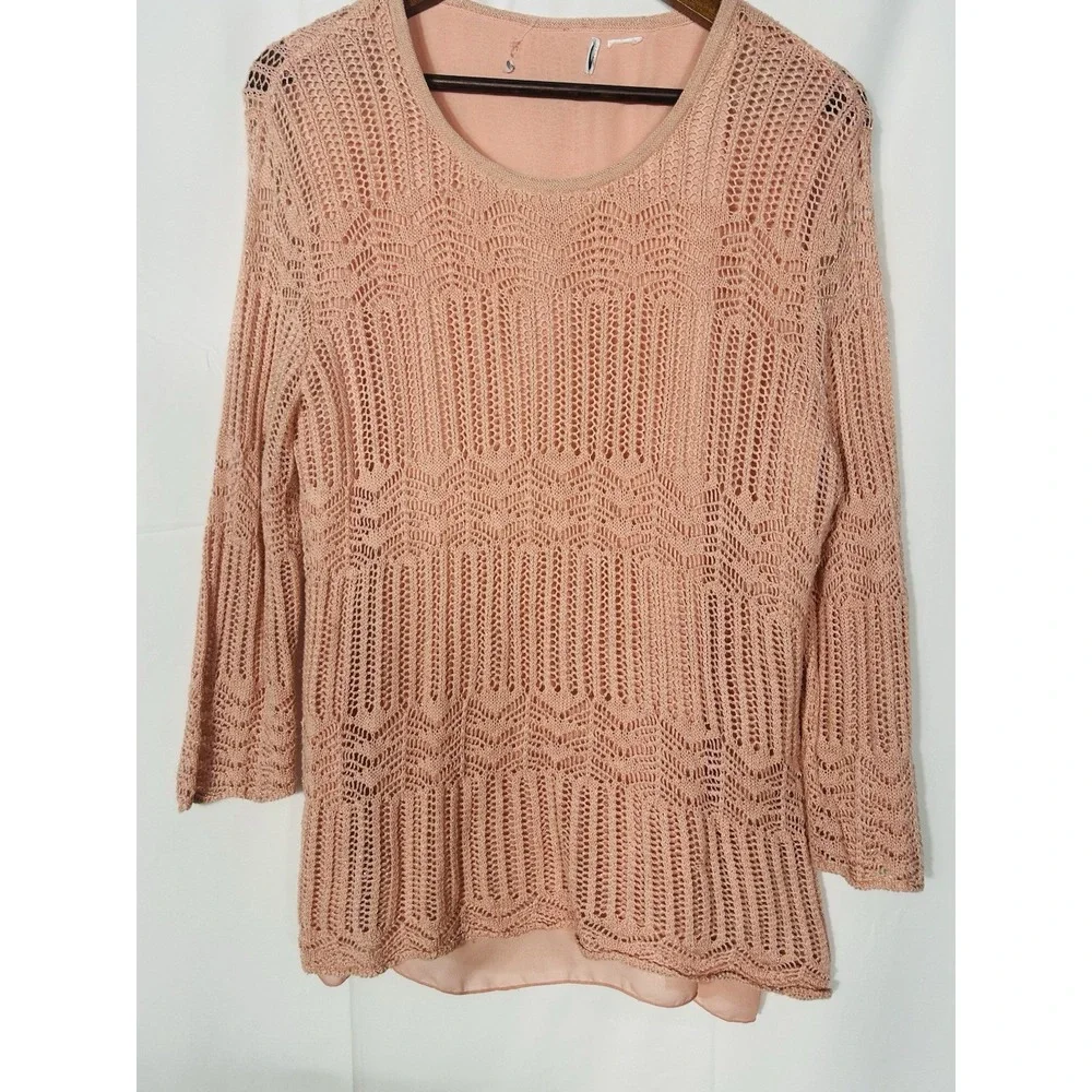 Vintage Womens Open Knit Boho Crochet Sweater Pink Fairy Coquette Asymmetric Y2K